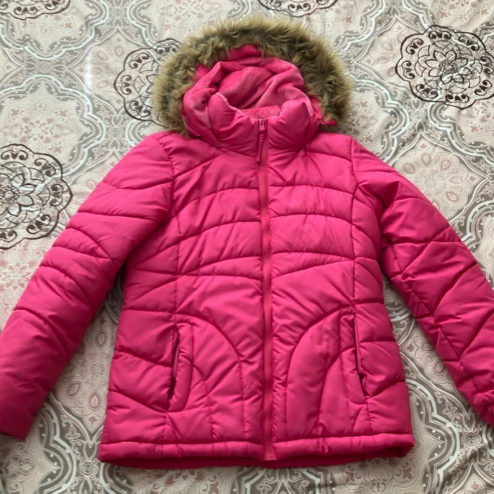 Pink Rain Jacket/Puffer with Faux Fur Lining on Hood - EUC